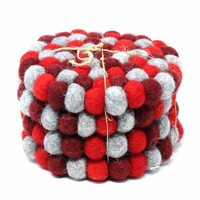 Hand Crafted Felt Ball Coasters from Nepal: 4-pack, Chakra Reds